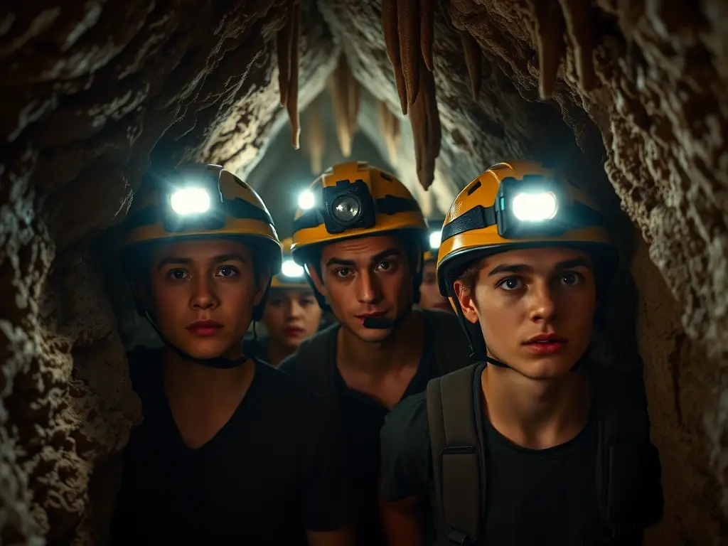 A group of explorers with helmets and headlamps navigating through a dimly lit cave, showcasing the speleological adventures at the Foissac site. The image should evoke a sense of adventure and exploration.