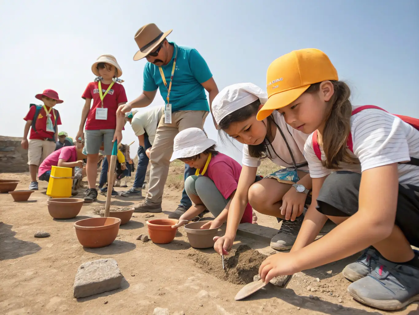 A group of students participating in an archaeological dig at the Foissac site, carefully excavating artifacts under the supervision of an instructor. The image should convey a sense of discovery and hands-on learning.