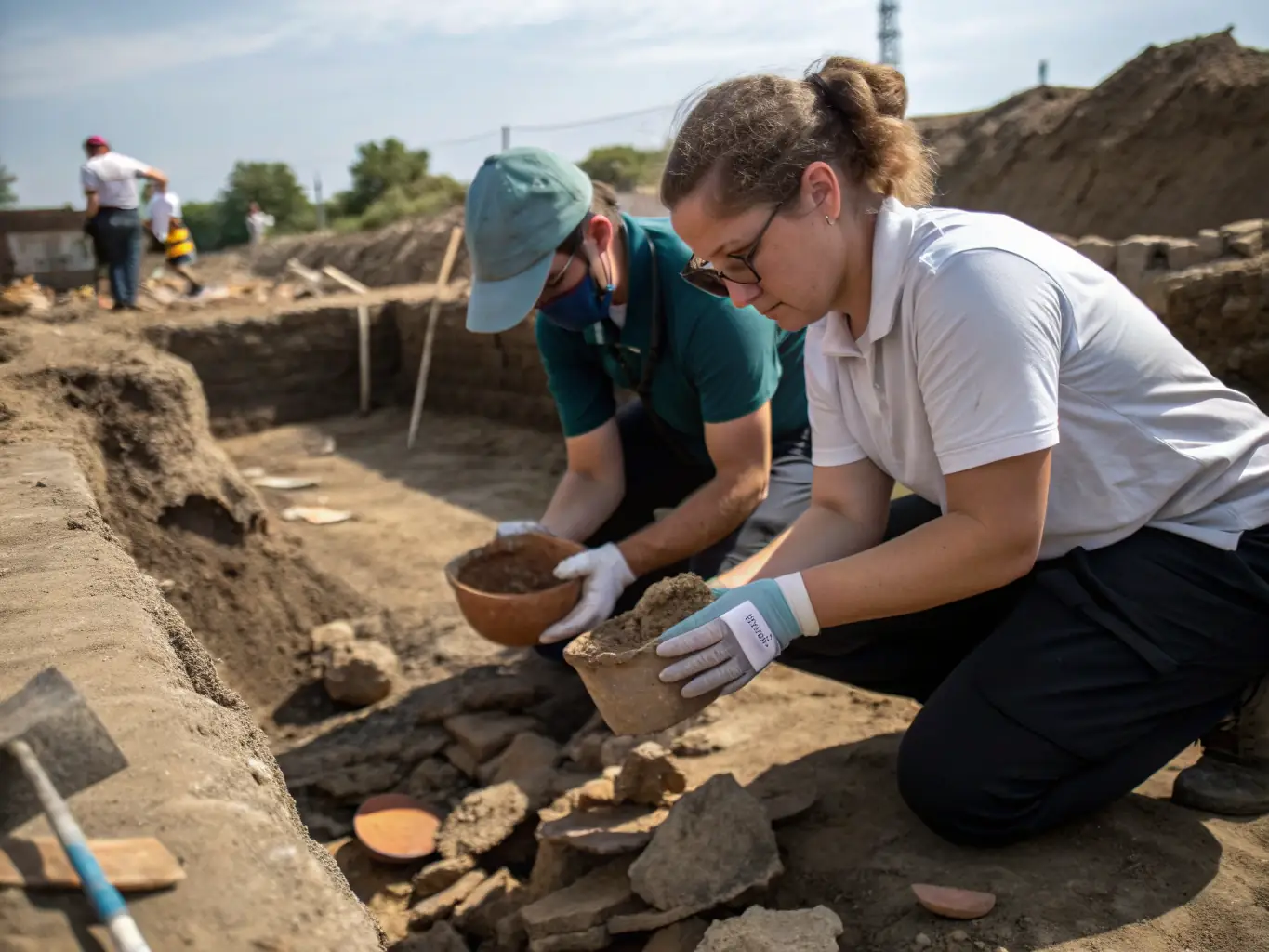 A photograph of archaeologists carefully excavating a site, revealing ancient tools and artifacts, symbolizing the hands-on learning experience at PSF Prehisto Site de Foissac.