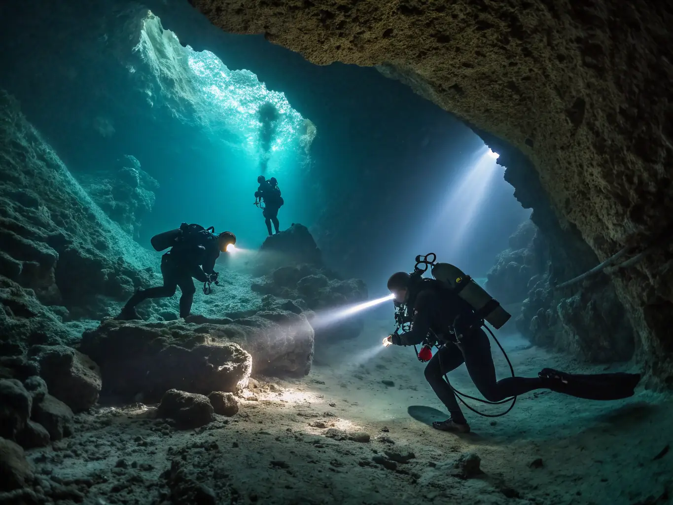 A group of explorers in helmets and headlamps navigating a cave passage with stalactites and stalagmites, representing a speleological discovery excursion at PSF Prehisto Site de Foissac.
